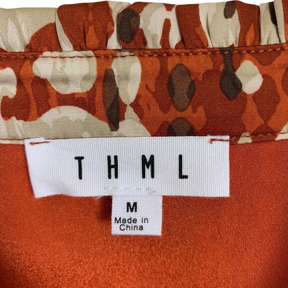 THML Women's Size MED Dress Rust Cream Brown Ruffle Bottom Puff Sleeve - Picture 12 of 14